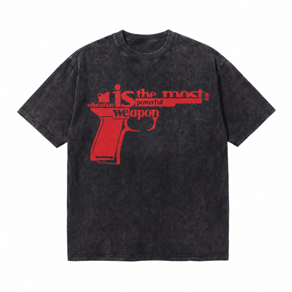 100%Cotton|Vintage Acid Wash Education Is The Most Powerful Weapon Gun-Shaped Typography Graphic Tee | Empowerment Activism Unisex Oversized Cotton Blend Streetwear T-Shirt