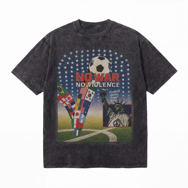 100%Cotton|Vintage Acid Wash No War No Violence Football World Flag Peace Statue Of Liberty Graphic Tee | Anti-War Sports Peace Unisex Oversized High-Quality Cotton Blend Streetwear T-Shirt