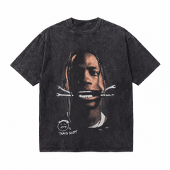 Vintage Acid Wash Travis Scott Wrench Mouth Portrait Oversized Graphic T-Shirt