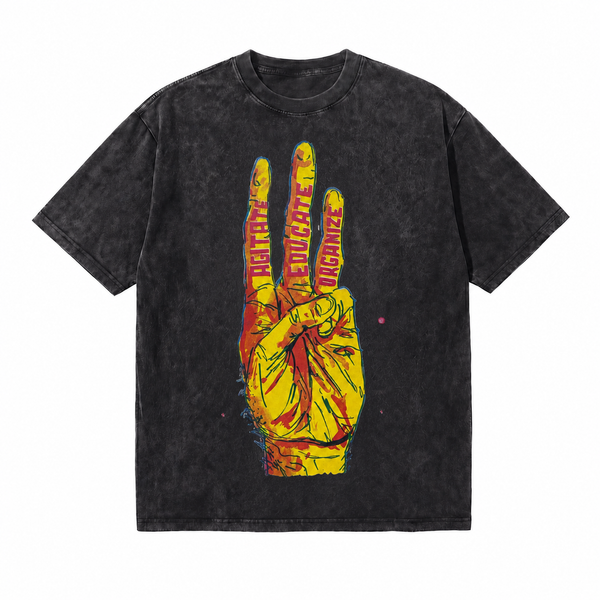Acid Wash Agitate Educate Organize Three Fingers Protest Graphic Tee Oversized Streetwear T-Shirt