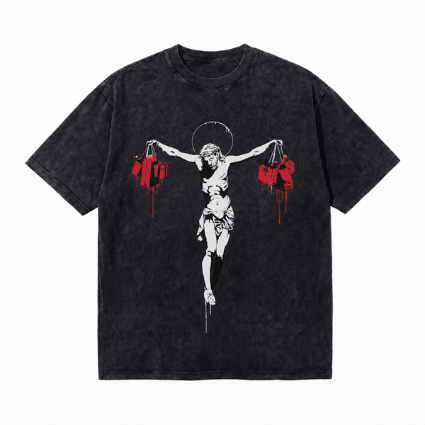 Vintage Acid Wash Jesus Shopping Bags Anti-Consumerism Graffiti Graphic Oversized Street T-Shirt