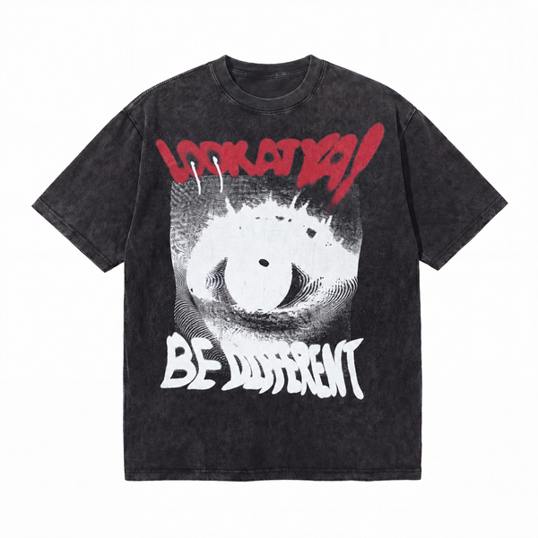 Vintage Acid Wash Distorted Giant Eye Graphic Tee | Grunge Punk "Look At Ya Be Different" Unisex Oversized Heavy Cotton Black Streetwear T-Shirt
