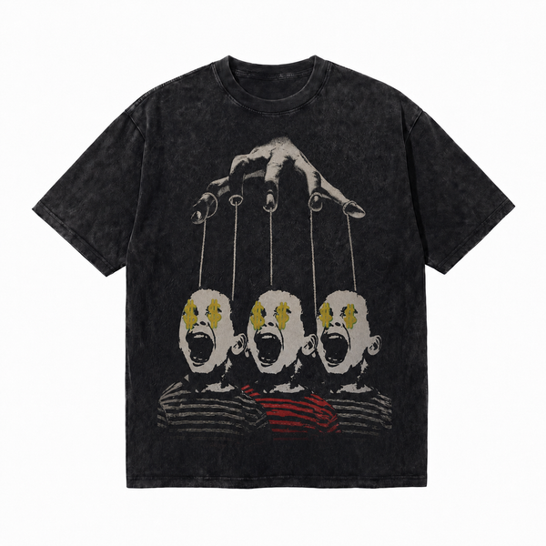 Vintage Acid Wash Puppeteer Hand Dollar Eyes Kids Anti-Capitalism Graphic Oversized Street T-Shirt