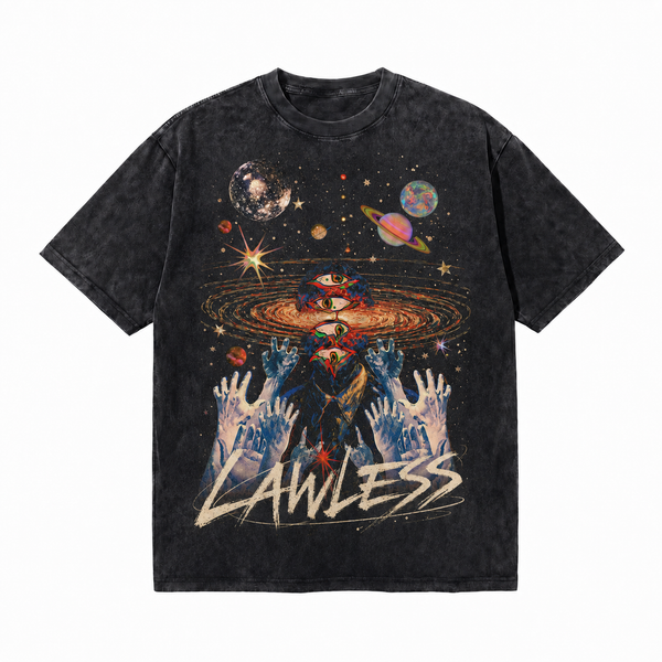 Vintage Acid Wash Cosmic Trippy Multi-Eyed Alien Hands Graphic Tee | Psychedelic Space Lawless Unisex Oversized Heavy Cotton Distressed Black Streetwear T-Shirt