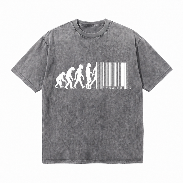 Vintage Washed Human Evolution Barcode Graphic Tee, Anti-Consumerism Oversized Streetwear T-Shirt