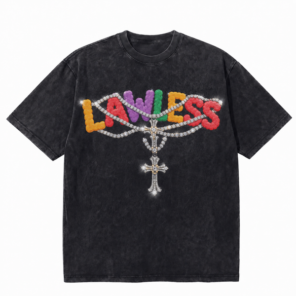 Vintage Acid Wash LAWLESS Rainbow Puff Letter Rhinestone Cross Chain Graphic Oversized Y2K Street T-Shirt