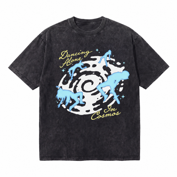 Vintage Acid Wash Dancing Alone In Cosmos Swirl Space Fluid Dancer Silhouette Graphic Oversized Dream Street T-Shirt