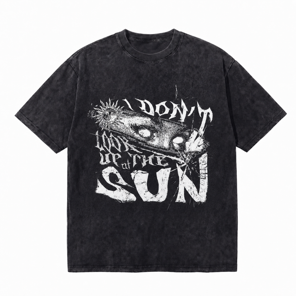 Vintage Acid Wash Cracked Glass Eye Sun I DON’T LOOK UP AT THE SUN Death Metal Graphic Oversized Grunge Street T-Shirt
