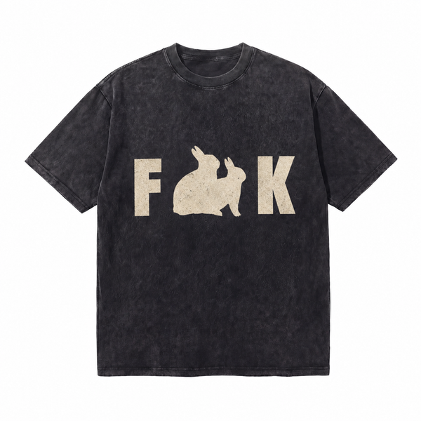LAWLESSROW F & K Two Rabbit Silhouette Hidden Slogan Vintage Washed Tee