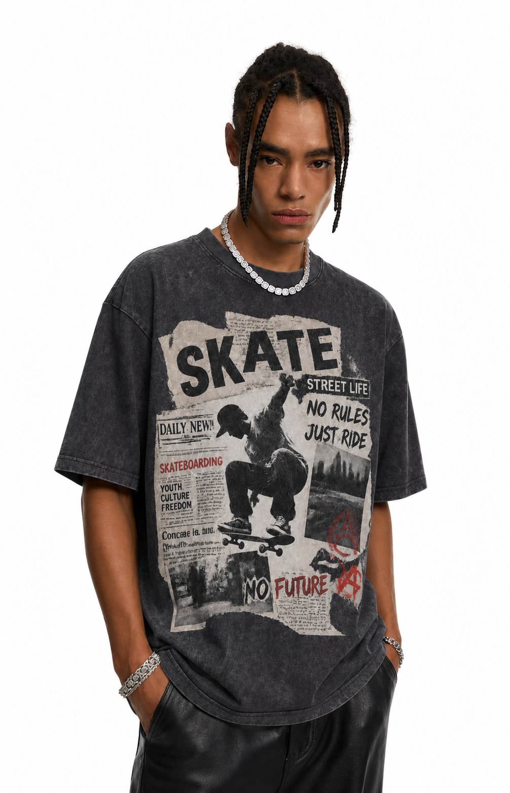 Vintage Acid Wash Skate Street Life Newspaper Collage Graphic Tee | Retro Skateboarding Unisex Oversized Heavy Cotton Streetwear T-Shirt