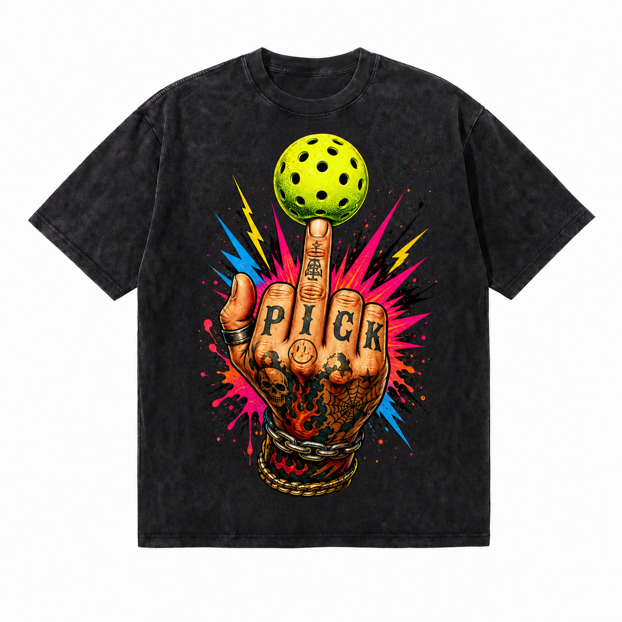 Vintage Acid Wash Pickleball Middle Finger Graphic Tee | Funny Pickleball Unisex Oversized Heavy Cotton Streetwear T-Shirt