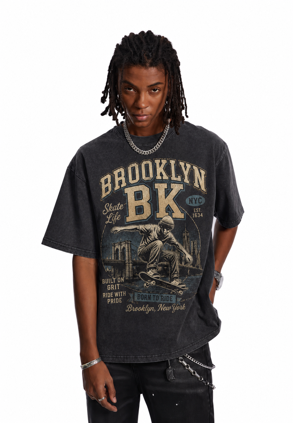 Vintage Acid Wash Brooklyn NYC Skate Life Cityscape Graphic Tee | Retro Urban Skateboarding Unisex Oversized Heavy Cotton Streetwear T-Shirt