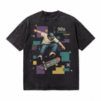 Vintage Acid Wash 90s Pixel Skate Player Graphic Tee | Retro Arcade Skateboarding Unisex Oversized Heavy Cotton Streetwear T-Shirt