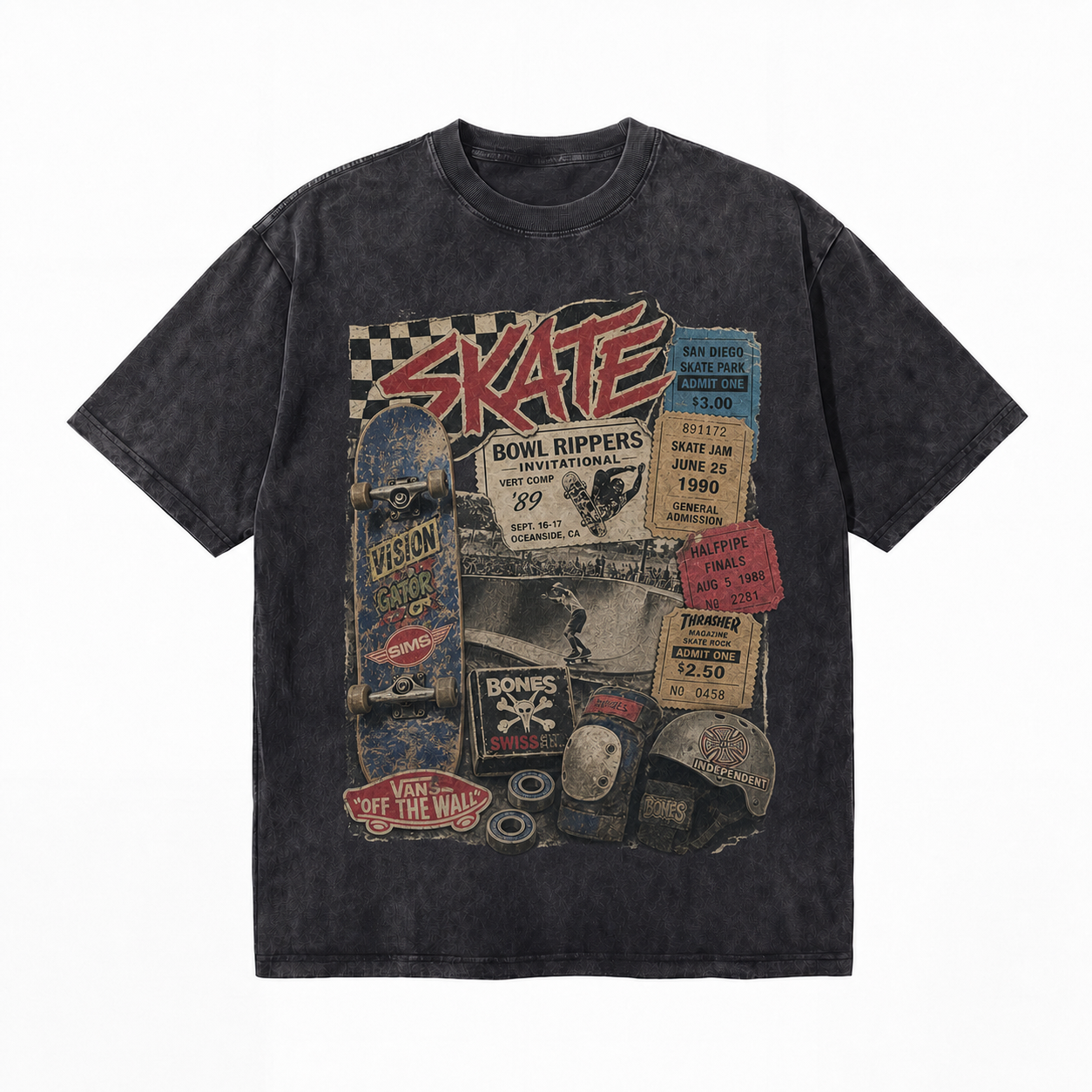 Vintage Acid Wash 80s Skate Ticket Collage Graphic Tee | Retro Bowl Rippers Skate Competition Unisex Oversized Heavy Cotton Streetwear T-Shirt