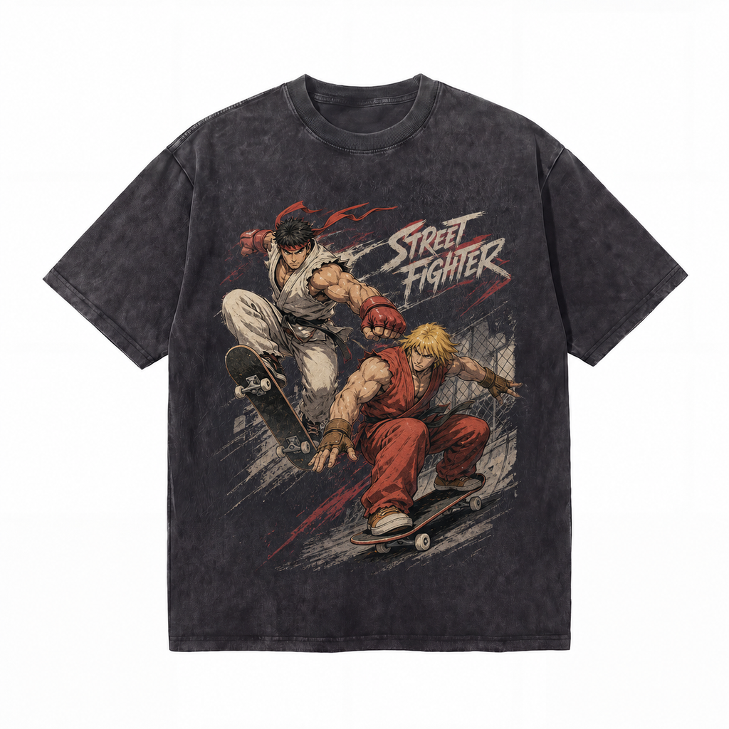 Vintage Acid Wash Street Fighter Skate Mashup Graphic Tee | Retro Arcade Fighting Game Unisex Oversized Heavy Cotton Streetwear T-Shirt