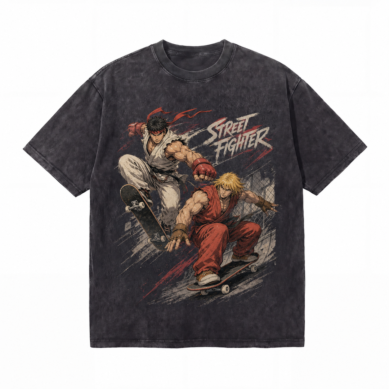 Vintage Acid Wash Street Fighter Skate Mashup Graphic Tee | Retro Arcade Fighting Game Unisex Oversized Heavy Cotton Streetwear T-Shirt