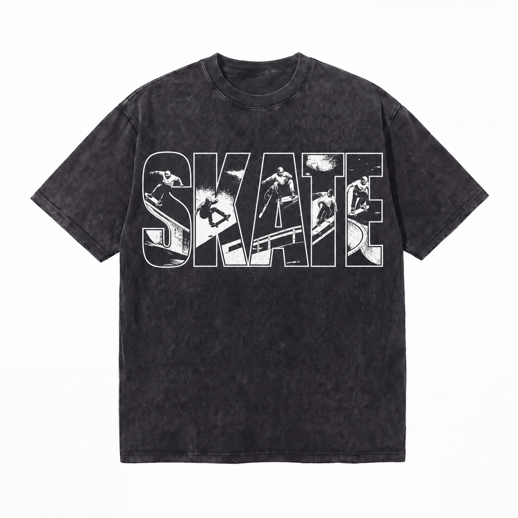 Vintage Acid Wash Skate Inline Photo Graphic Tee | Black White Skatepark Action Unisex Oversized Heavy Cotton Streetwear T-Shirt