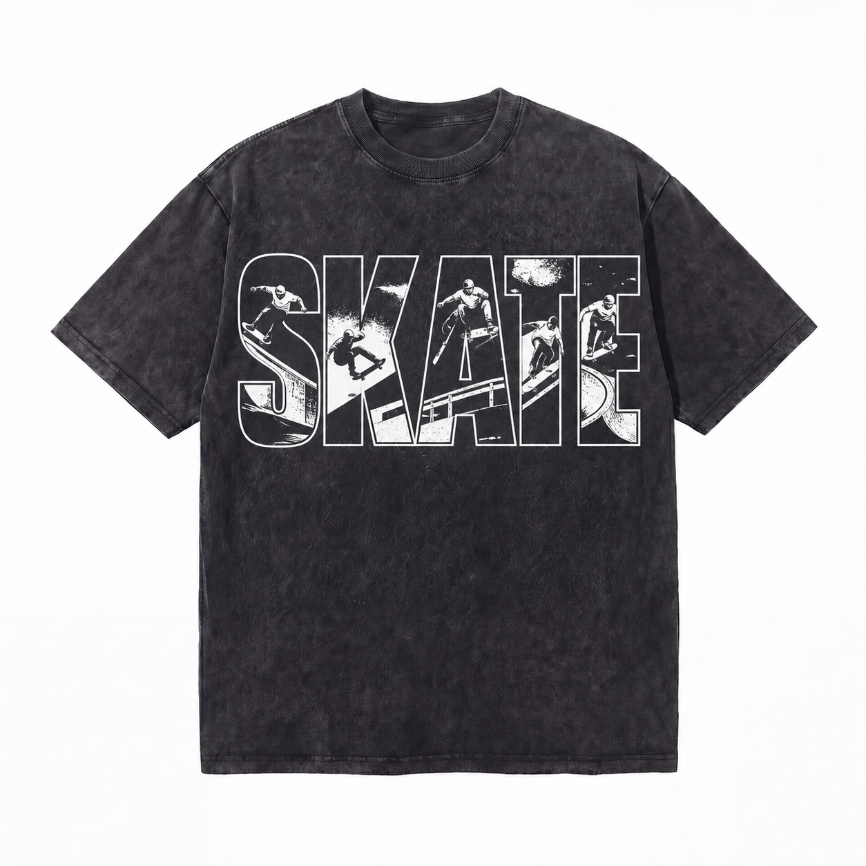 Vintage Acid Wash Skate Inline Photo Graphic Tee | Black White Skatepark Action Unisex Oversized Heavy Cotton Streetwear T-Shirt
