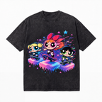 Vintage Acid Wash Retro Cartoon Skate Pixel Art Graphic Tee | 90s Animated Girl Skaters Unisex Oversized Heavy Cotton Streetwear T-Shirt