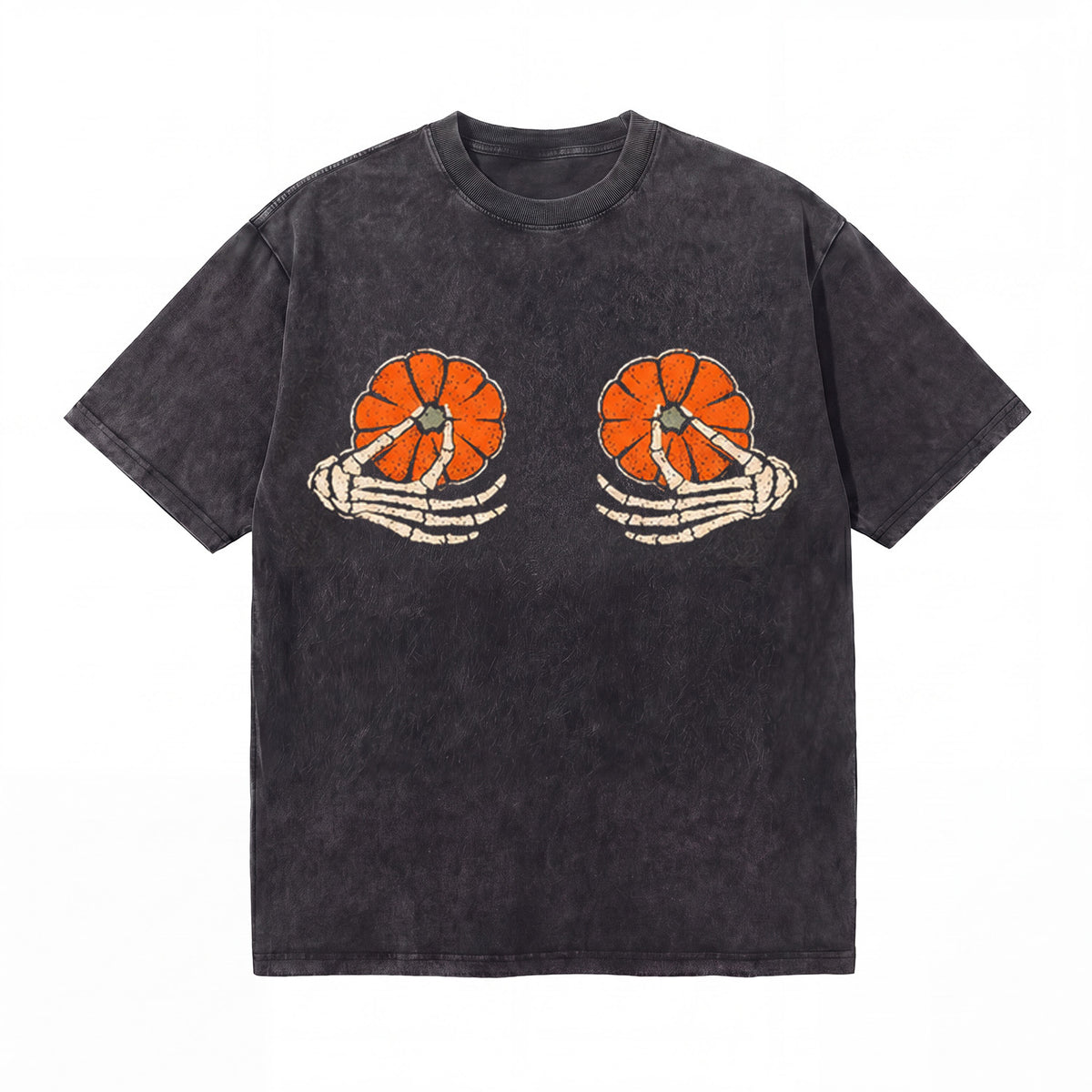 LAWLESSROW Skeleton Hands Pumpkin Chest Print Vintage Acid Wash Tee