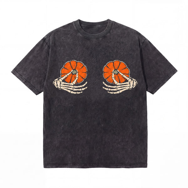 LAWLESSROW Skeleton Hands Pumpkin Chest Print Vintage Acid Wash Tee