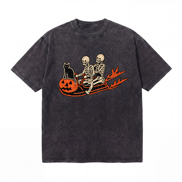 LAWLESSROW Skeleton Pumpkin Bath Vintage Acid Wash Tee