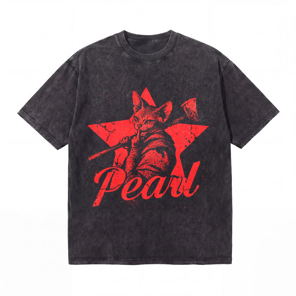 LAWLESSROW Pearl Axe Cat Vintage Acid Wash Tee
