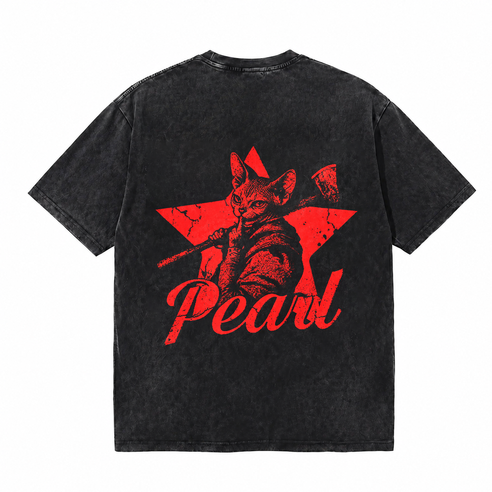 LAWLESSROW Pearl Axe Cat Vintage Acid Wash Tee
