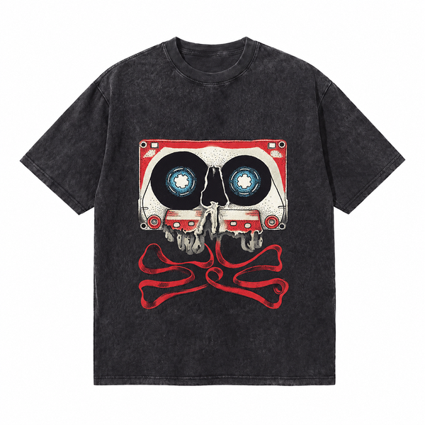 LAWLESSROW Cassette Skull Crossbones Vintage Acid Wash Tee