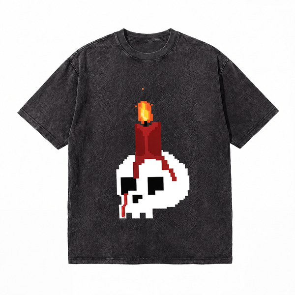 LAWLESSROW Pixel Candle Skull Vintage Acid Wash Tee