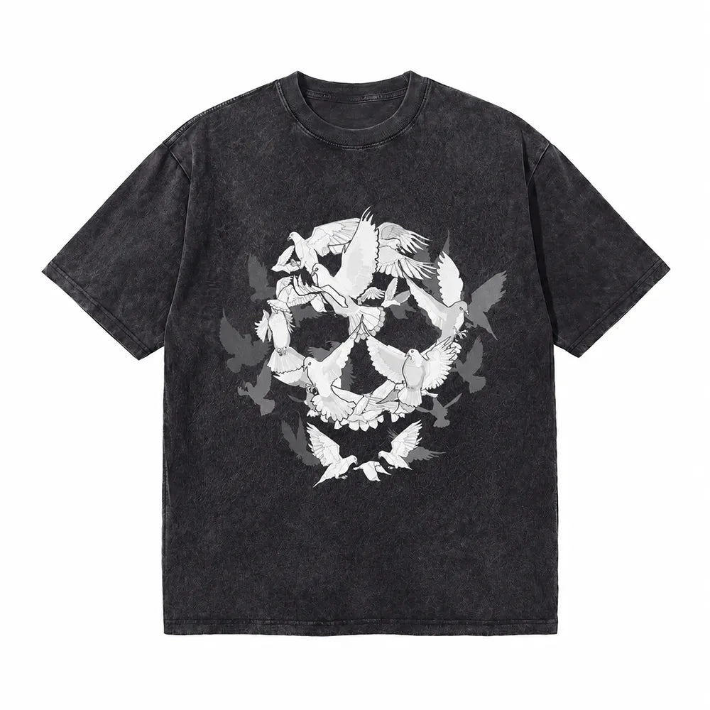 LAWLESSROW Dove Flock Skull Vintage Acid Wash Tee