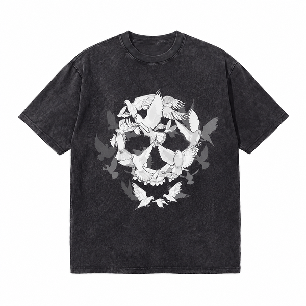 LAWLESSROW Dove Flock Skull Vintage Acid Wash Tee