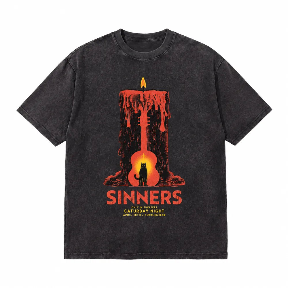 LAWLESSROW Sinners Caturday Night Candle Guitar Vintage Acid Wash Tee