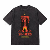 LAWLESSROW Sinners Caturday Night Candle Guitar Vintage Acid Wash Tee