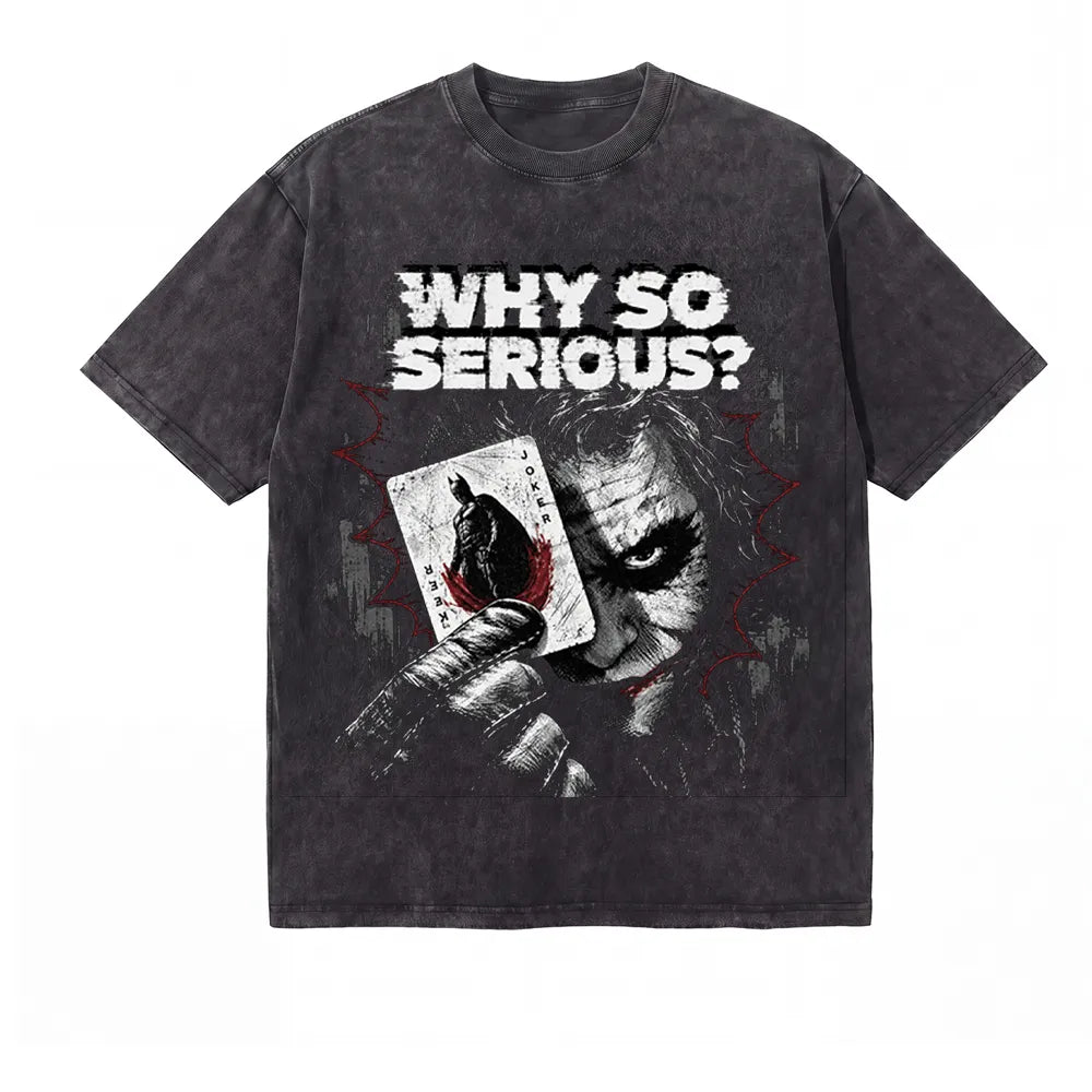 LAWLESSROW Joker Batman Card Why So Serious Vintage Acid Wash Tee