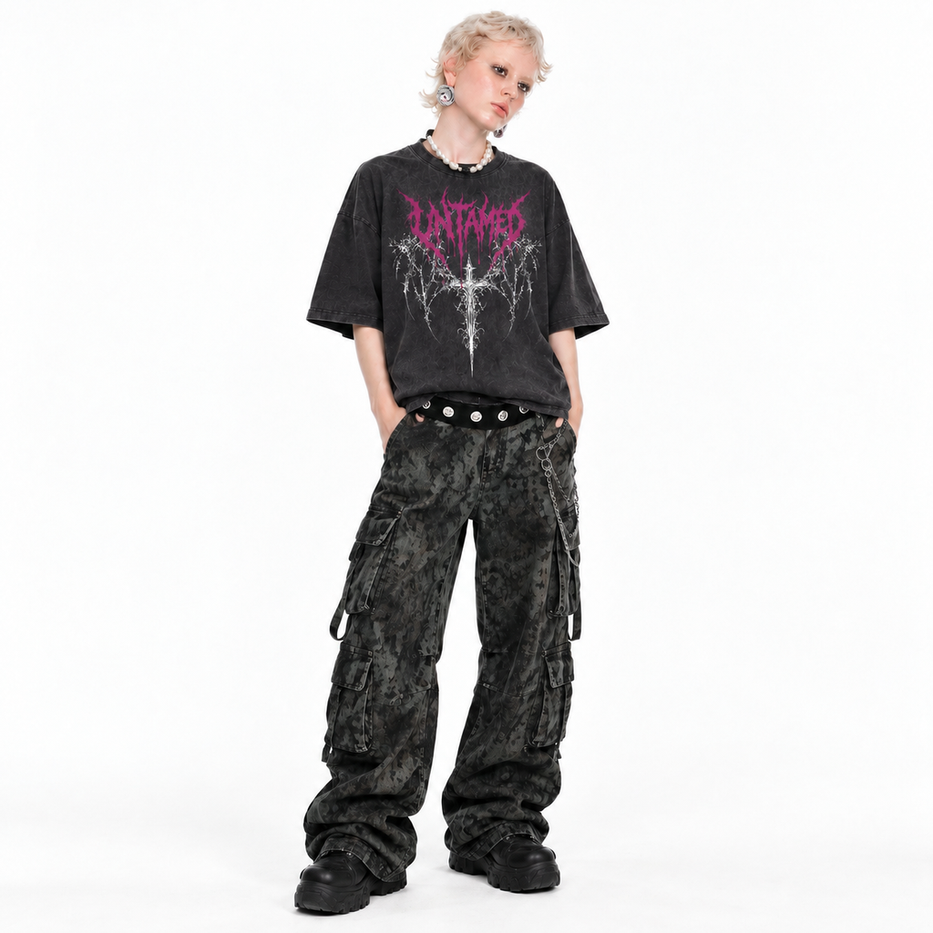 LAWLESSROW Untamed Cyber Sigilism Gothic Cross Vintage Acid Wash Tee