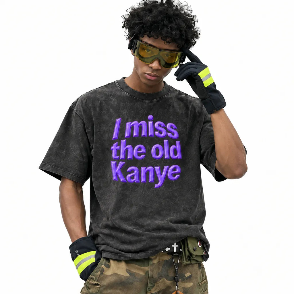 LAWLESSROW I MISS THE OLD KANYE Black Vintage Acid Wash Tee