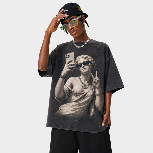 Lawless Row "Selfie Venus" Streetwear Washed Black Oversized Tee - hover