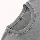 Close up of a grey crew neck t-shirt collar with visible stitching detail