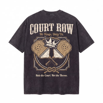 Black t-shirt with crossed pickleball paddles, crown graphic, and 'Court Row' text on back