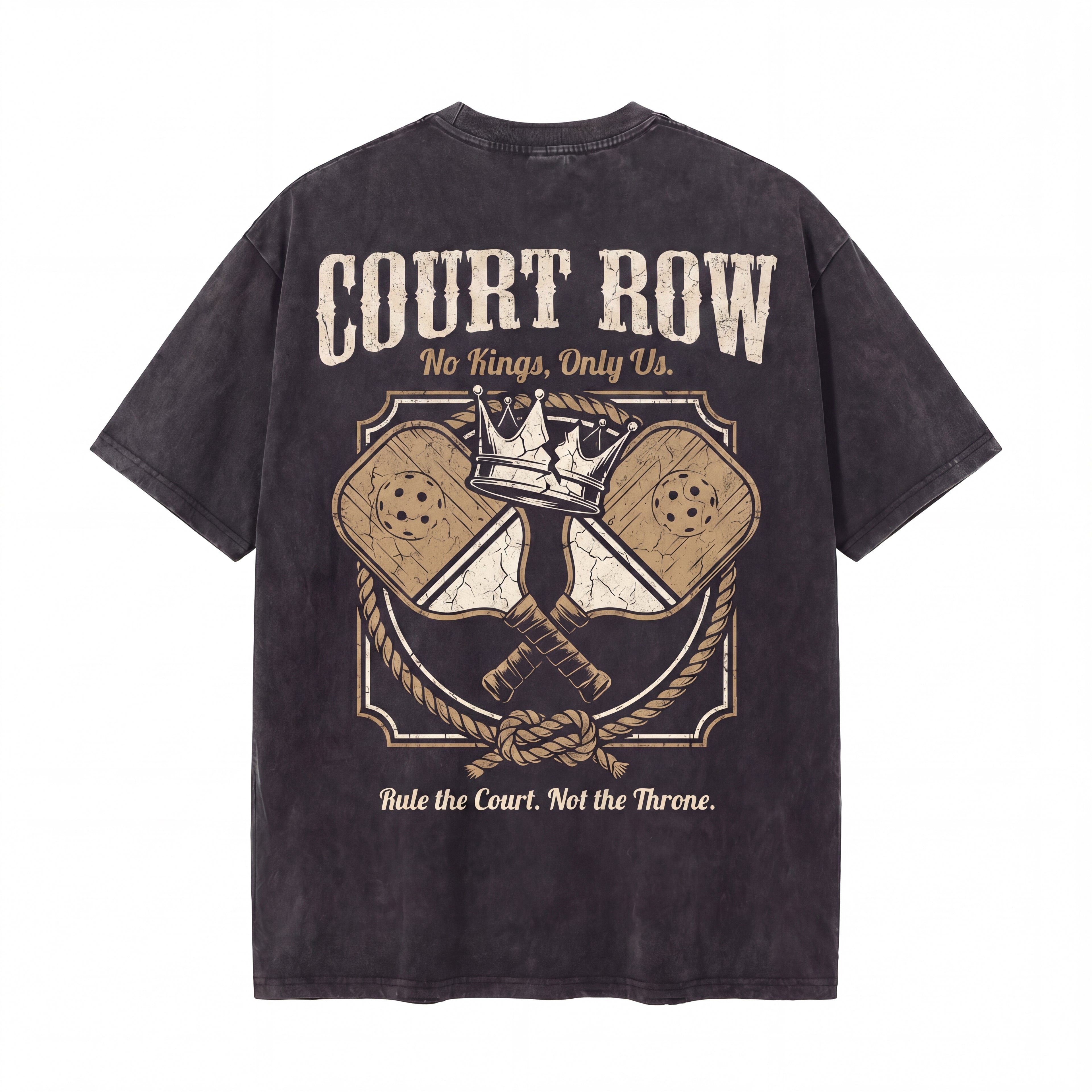 Black t-shirt with crossed pickleball paddles, crown graphic, and 'Court Row' text on back
