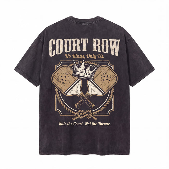 Black t-shirt with crossed pickleball paddles, crown graphic, and 'Court Row' text on back Hover Image