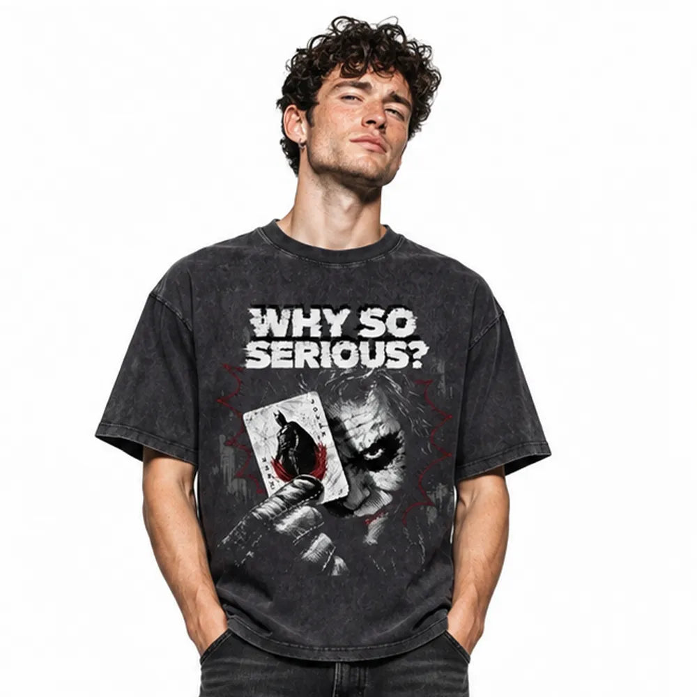LAWLESSROW Joker Batman Card Why So Serious Vintage Acid Wash Tee