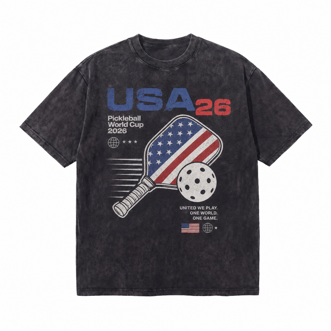 Vintage Acid Wash USA 26 Pickleball World Cup 2026 American Flag Paddle Oversized Graphic T-Shirt Hover Image