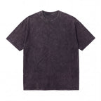 Unisex black washed cotton t-shirt with short sleeves and crew neck on white background