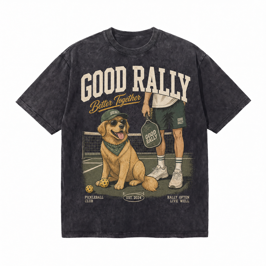 Vintage Acid Wash Good Rally Better Together Golden Retriever Pickleball Club Oversized Graphic T-Shirt