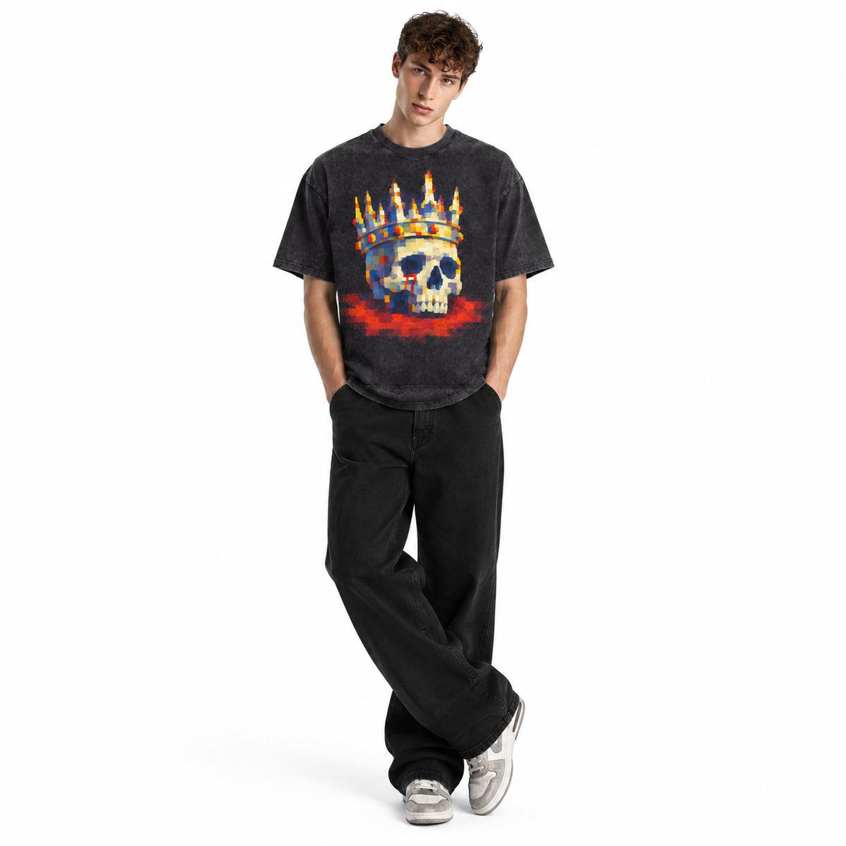 LAWLESSROW Pixel Crown Skull Vintage Acid Wash Tee