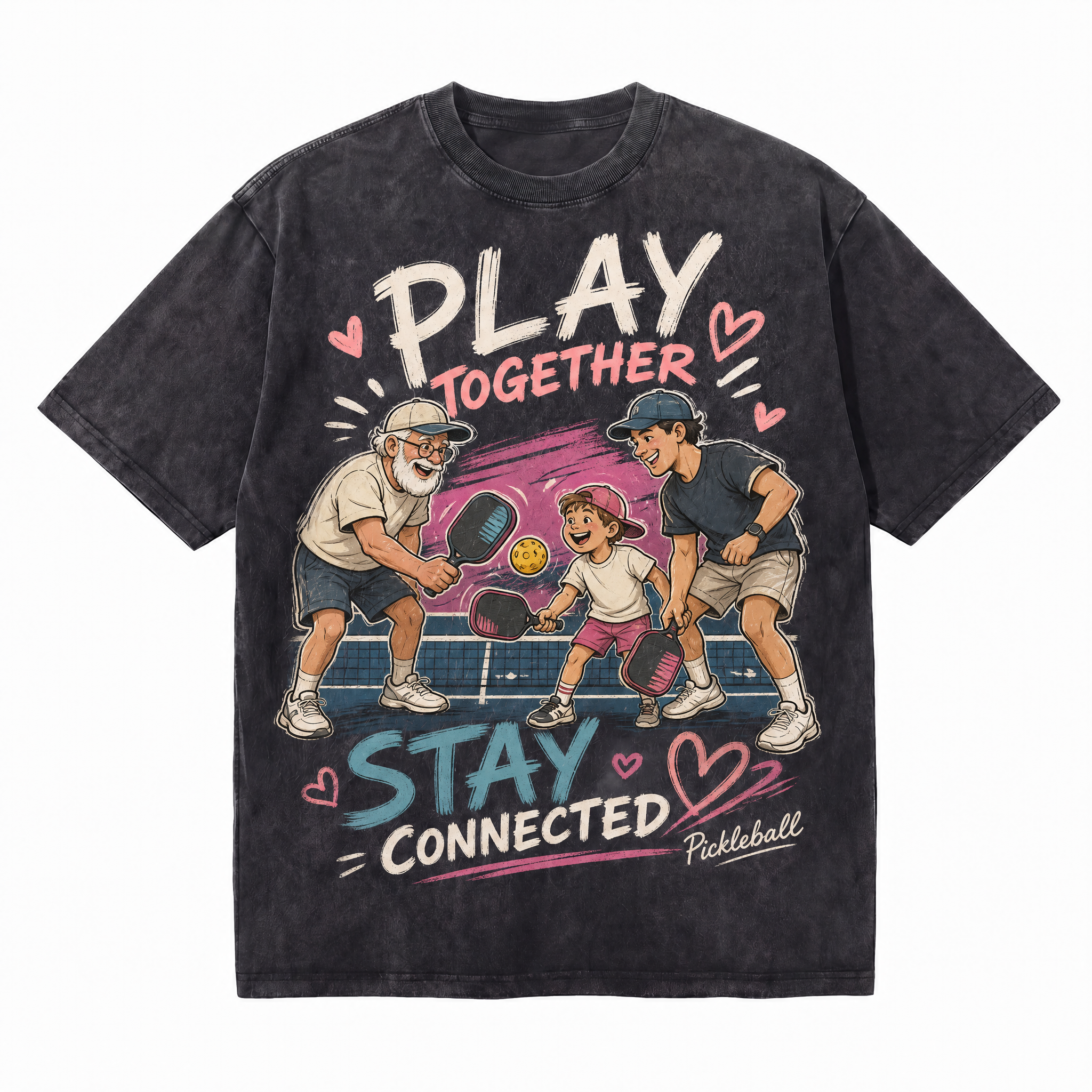Vintage Acid Wash Play Together Stay Connected Family Pickleball Oversized Graphic T-Shirt