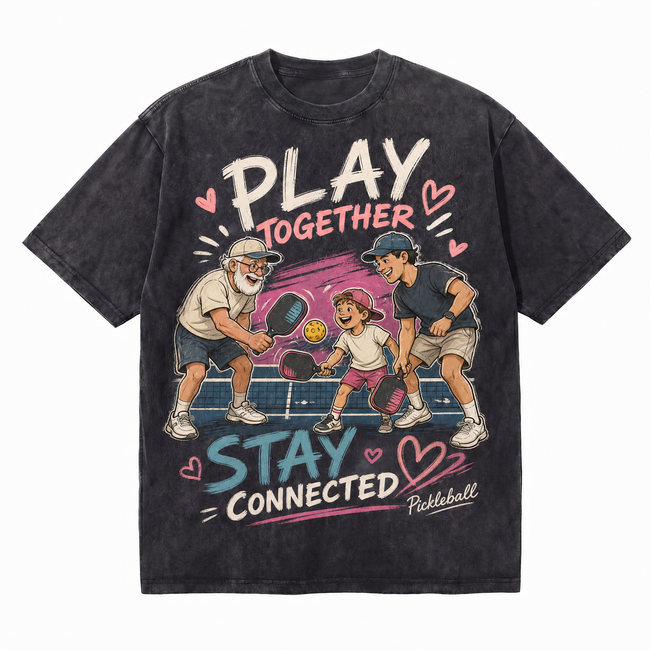 Vintage Acid Wash Play Together Stay Connected Family Pickleball Oversized Graphic T-Shirt Hover Image
