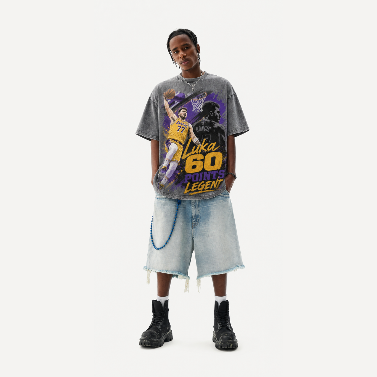 Lawless Row "Luka Doncic 60 Points Legend" Basketball Washed Grey Oversized Tee